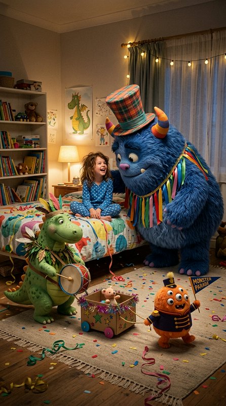 A blue fluffy monster with a tall top hat greets a smiling girl at a cozy birthday party in a clu...