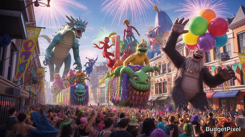 Colorful street parade with giant fantasy floats, dragons, a big gorilla holding balloons, and ch...