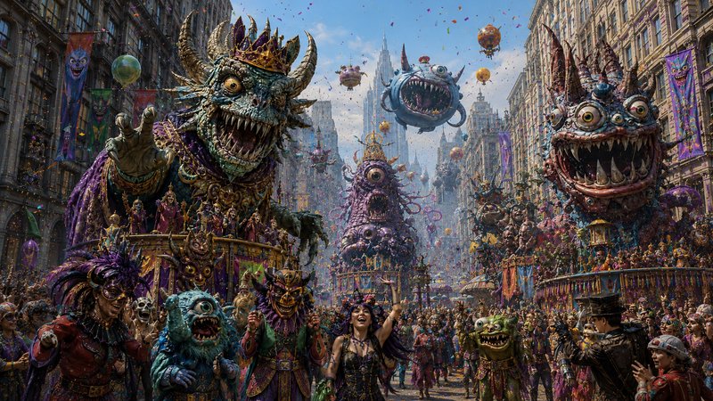 Diverse fantasy parade with giant monster puppets, performers, and balloons in a colorful city st...