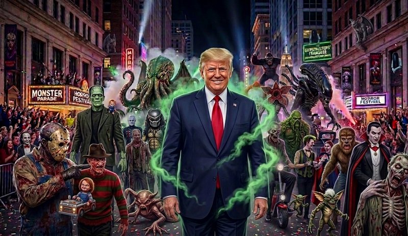 Centered Donald Trump amid monstrous creatures in a neon-lit city parade scene.