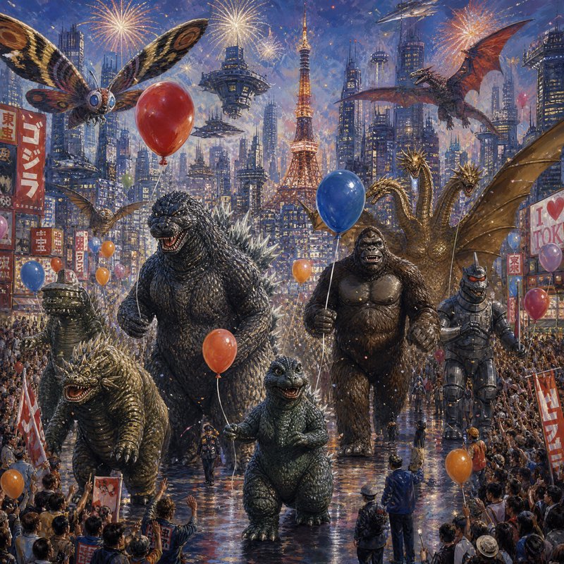 Giant kaiju parade through a neon city with balloons and fireworks.