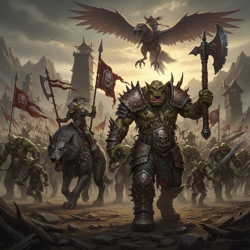 Orc warlord leads armored infantry in a siege, banners fly, with a winged creature overhead in a ...