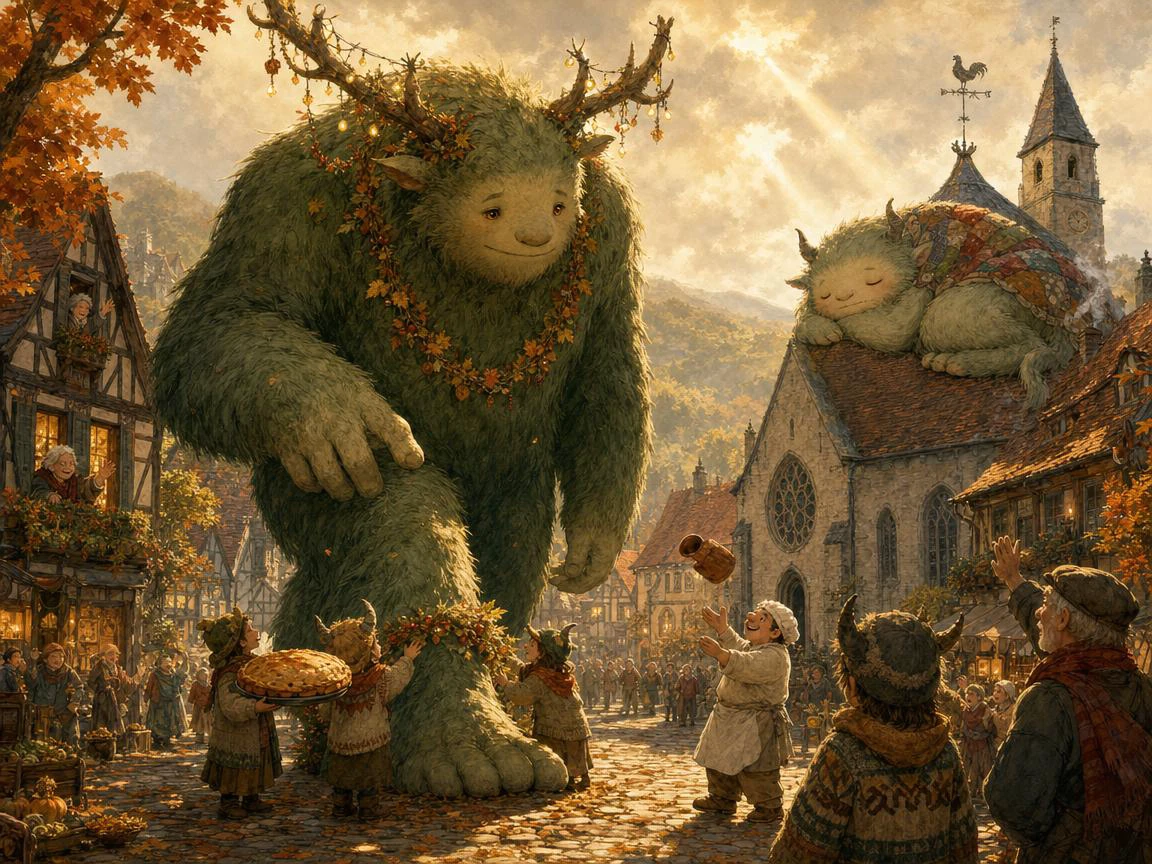 A large, moss-covered friendly giant stands in a quaint European village square as children offer bread and flowers.