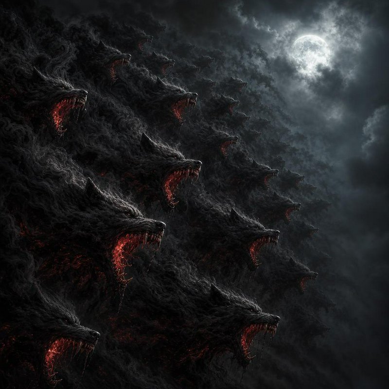 Dark moonlit night with a pack of snarling black wolves, mouths glowing red.
