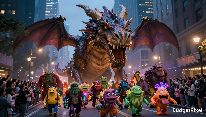 Colorful dragon leading a parade of cartoon monsters down a city street at dusk