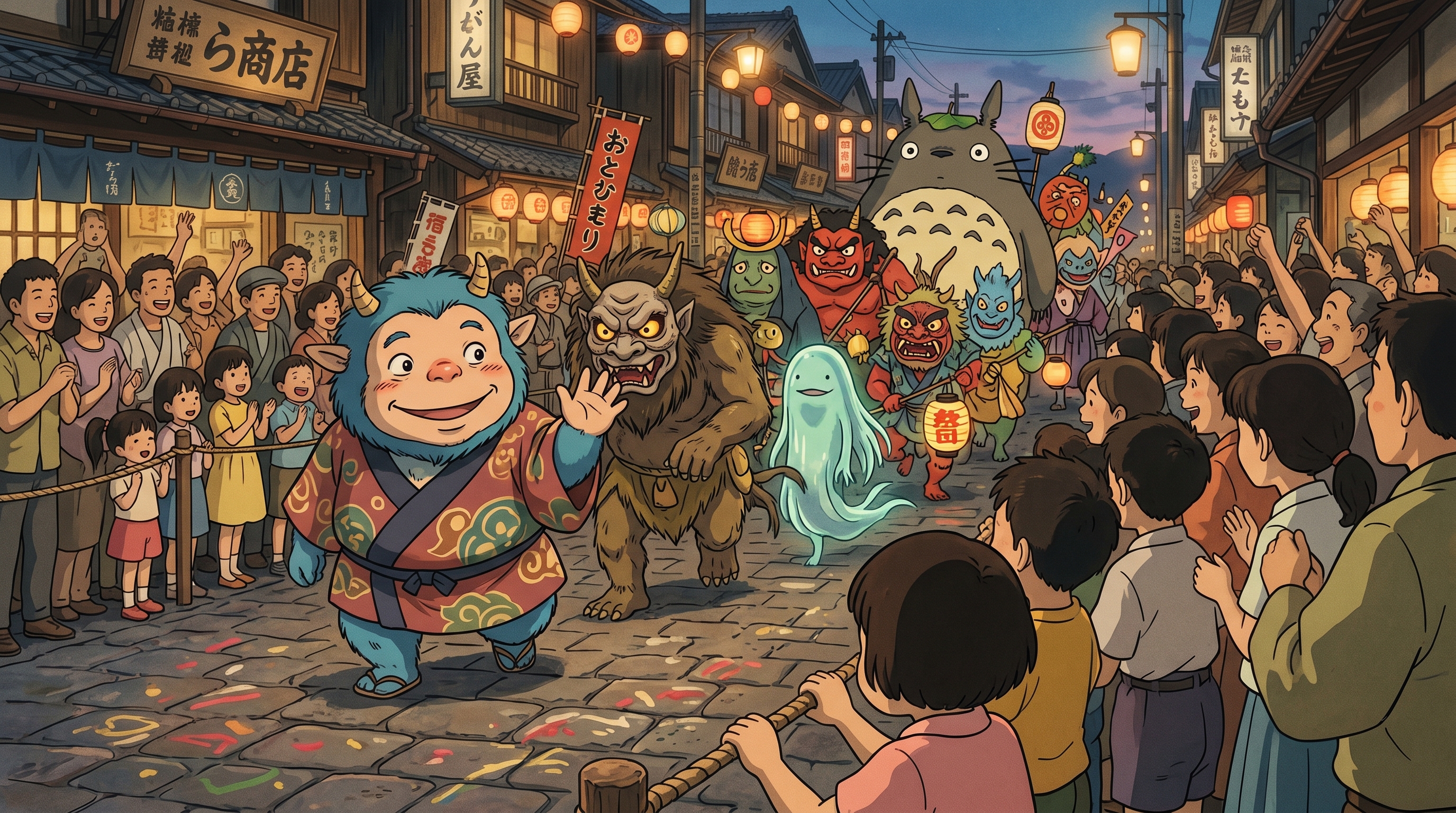 A festive street parade of friendly yokai and mythical creatures at a Japanese festival, led by a cheerful blue ogre.