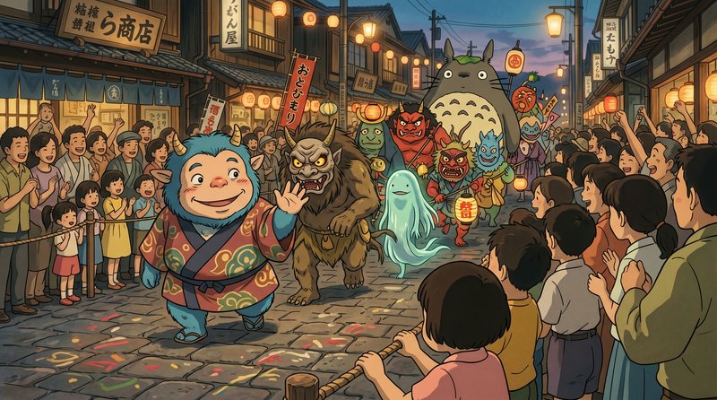 A festive street parade of friendly yokai and mythical creatures at a Japanese festival, led by a...