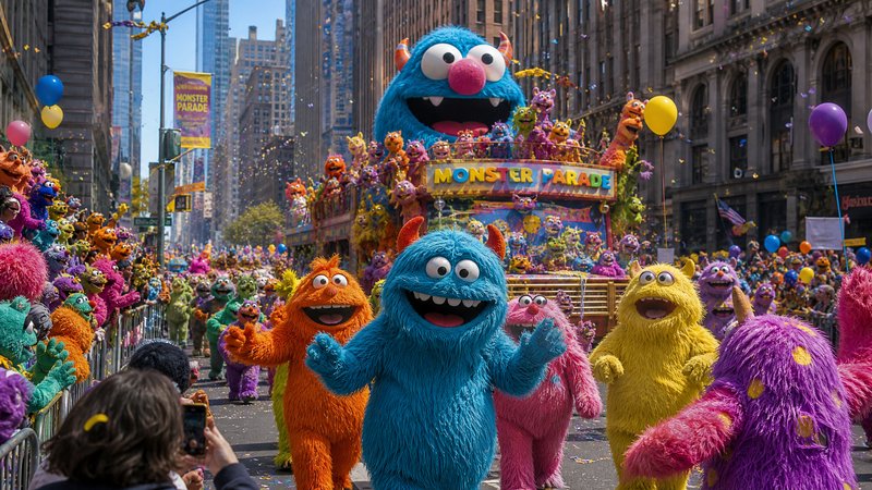 Blue fuzzy monster leading a colorful city parade with cheering crowds and a "Monster Parade" float.