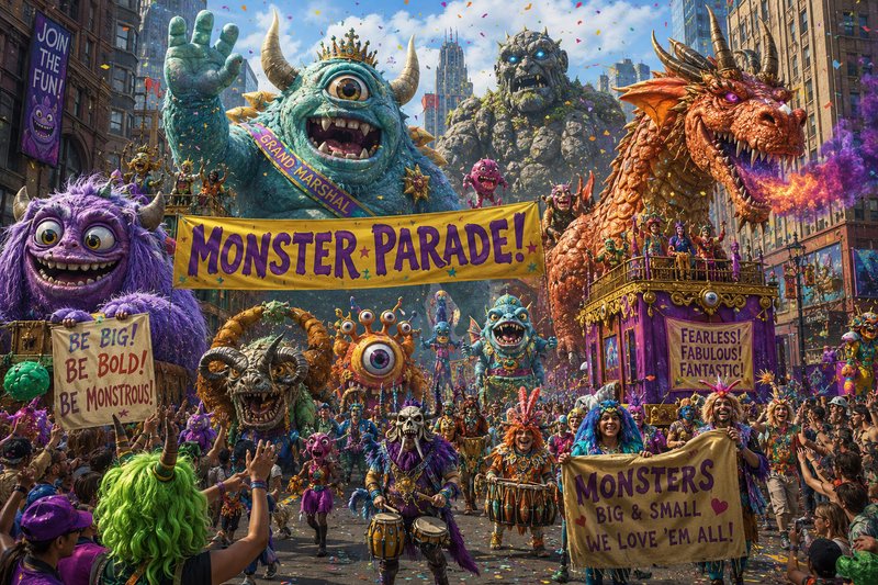 A vibrant city street Monster Parade with colorful giant monsters, banners, and costumed performers.