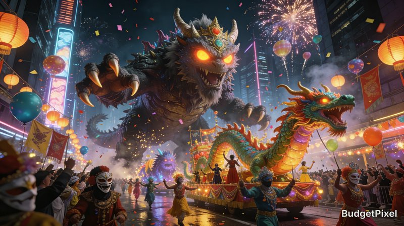 Epic dragon parade in a neon-lit city at night with fireworks and a festive crowd.