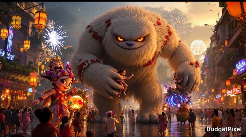 Large fluffy white monster towering over a festive city street parade with fireworks and glowing ...