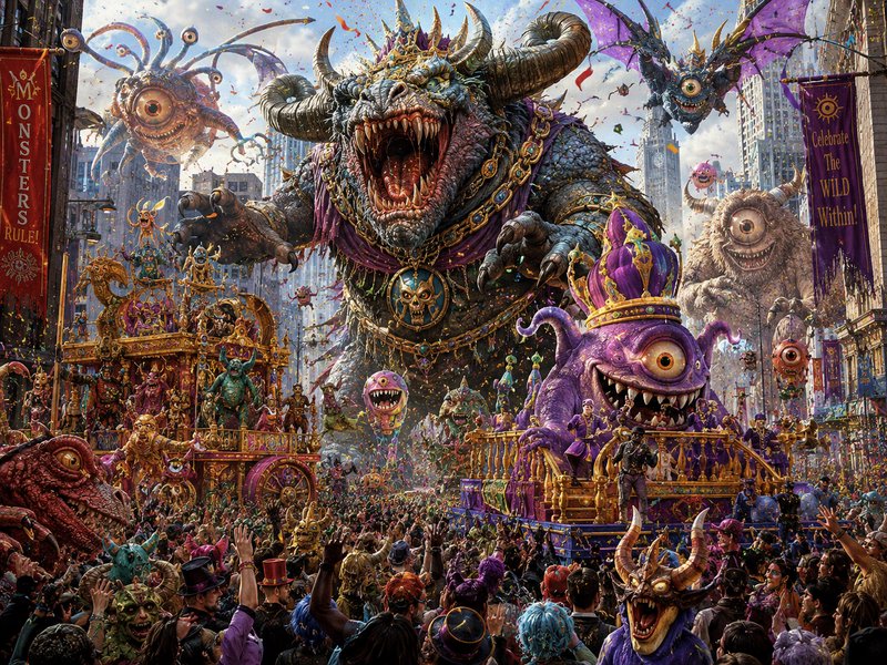 Gigantic dragon monster leading a colorful fantasy parade with monstrous floats and cheering crowds.