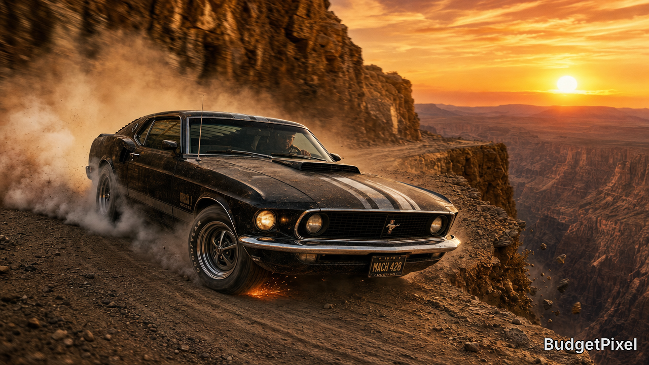 Vintage black Ford Mustang on a dusty canyon road at sunset.