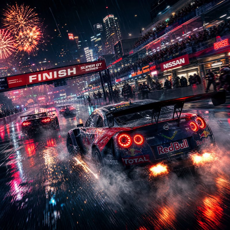 Nighttime racing scene with a Red Bull Nissan GT-R on a wet city street circuit, finish line banner, and fireworks.