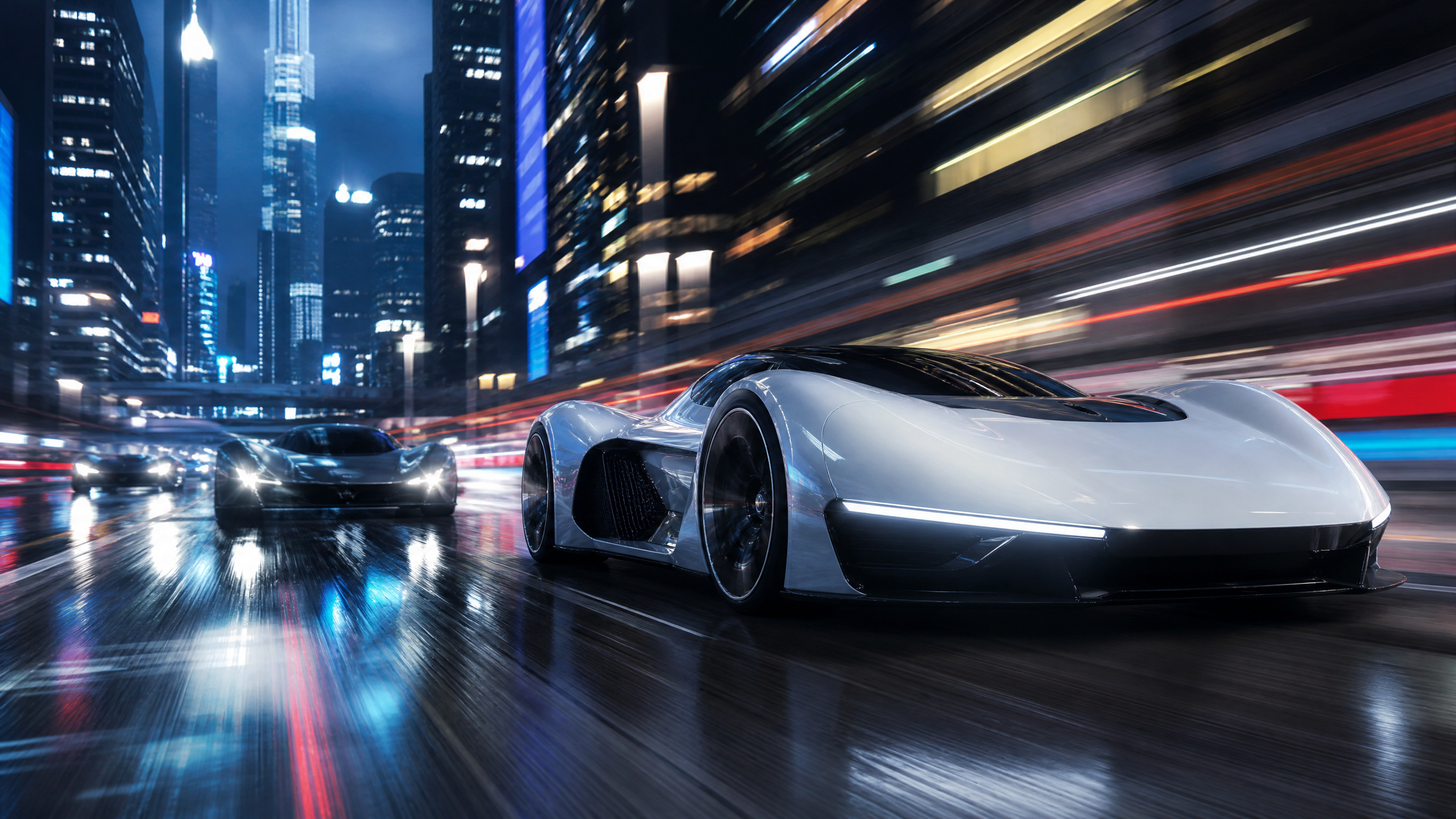 White futuristic supercar speeding through a neon-lit city at night.