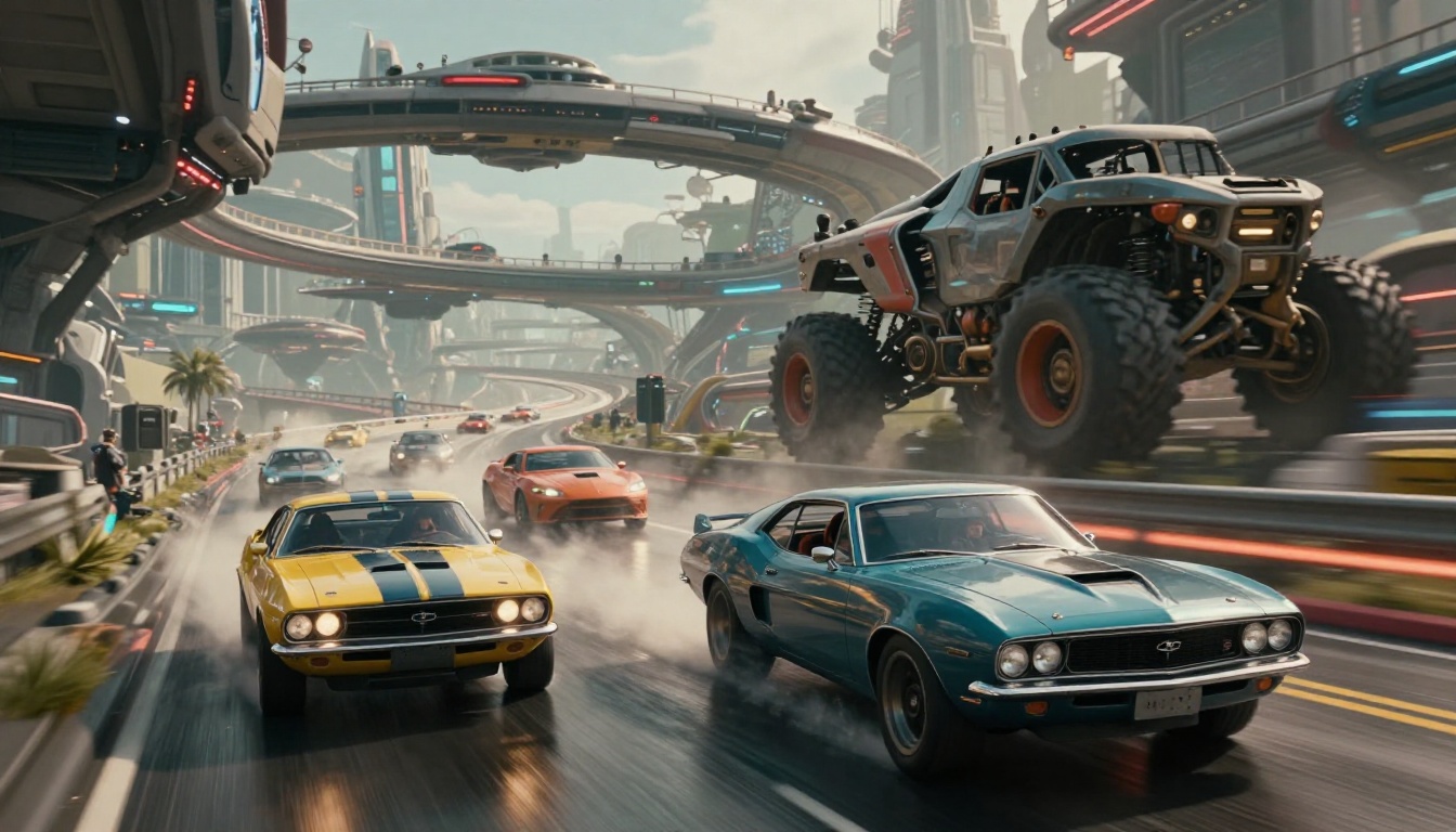 Futuristic city street race with classic muscle cars and a giant monster truck.