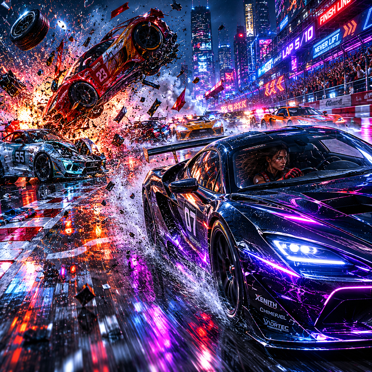 Neon-lit high-speed street race chaos with spinning car and debris.