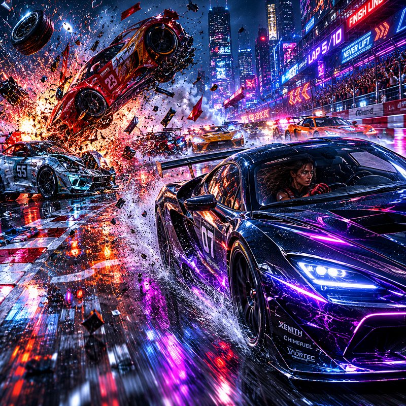 Neon-lit high-speed street race chaos with spinning car and debris.