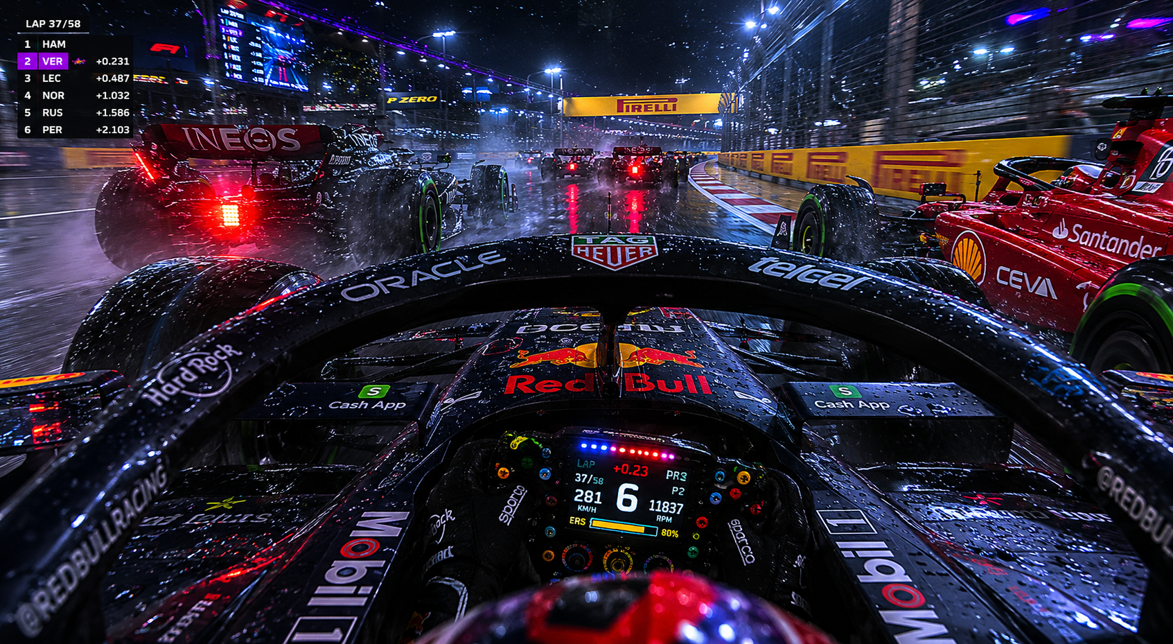 Cockpit view from a Red Bull Formula 1 car during a wet night race with a crowded track and sponsor banners.