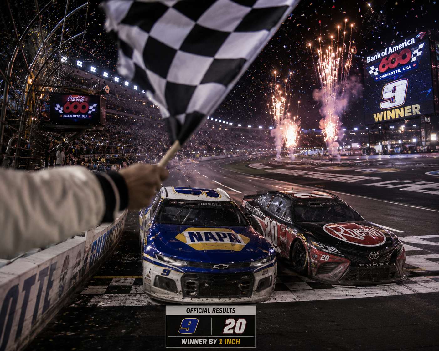 NASCAR race finish with checkered flag, fireworks, and victory cars at night.