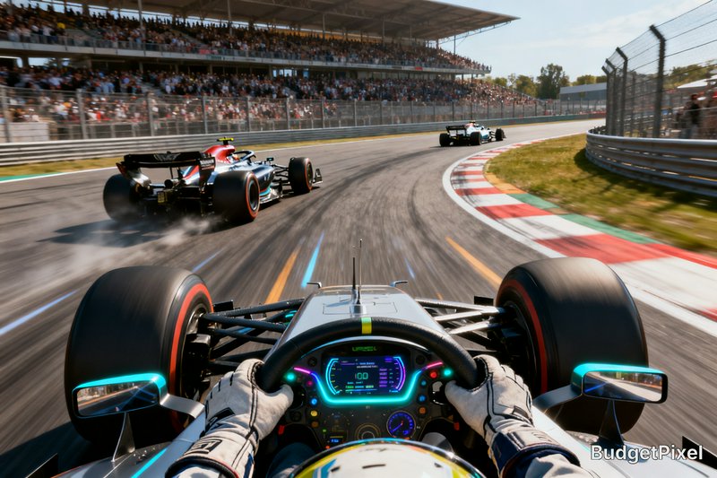 Cockpit view of a Formula 1 car racing on a curving track with other cars and grandstands.