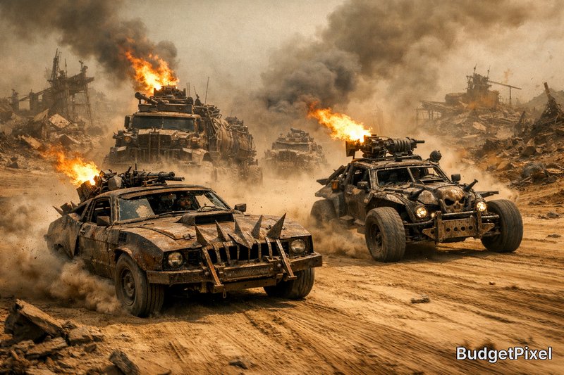 Dusty desert battle scene with armored cars racing in a convoy amid explosions and smoke.