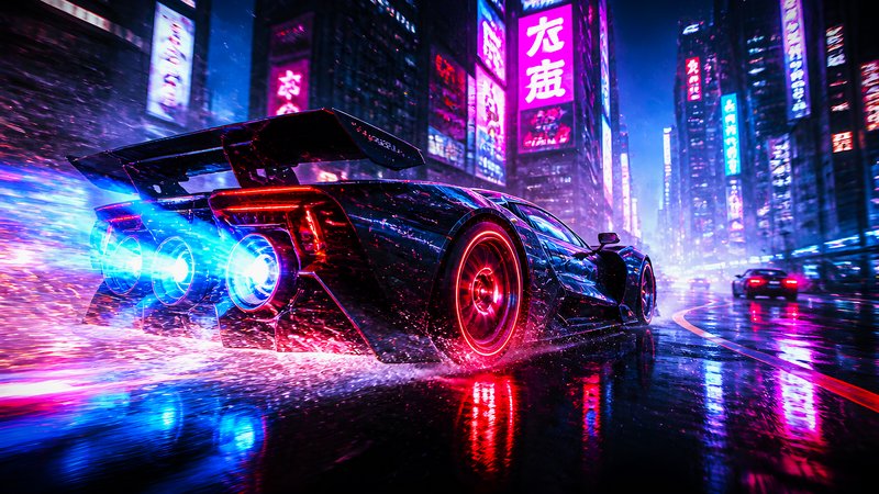 Futuristic neon-lit sports car racing through a rain-soaked city at night.