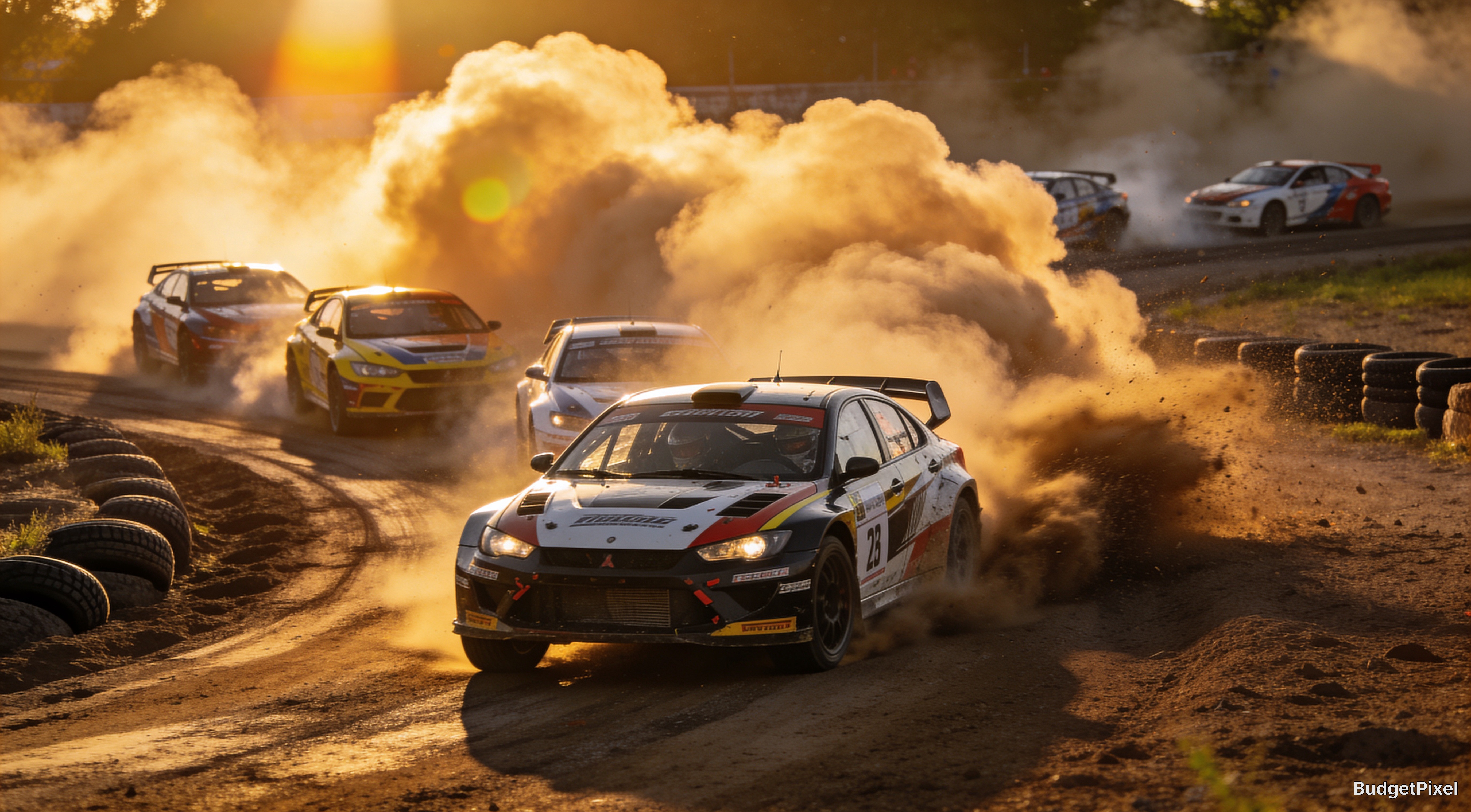 Rally cars race on a dusty dirt track, kicking up large clouds of sand and air.