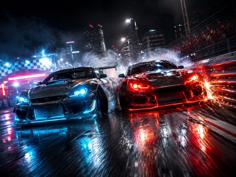 Two race cars racing side-by-side on a slick night track with blue and red headlights.