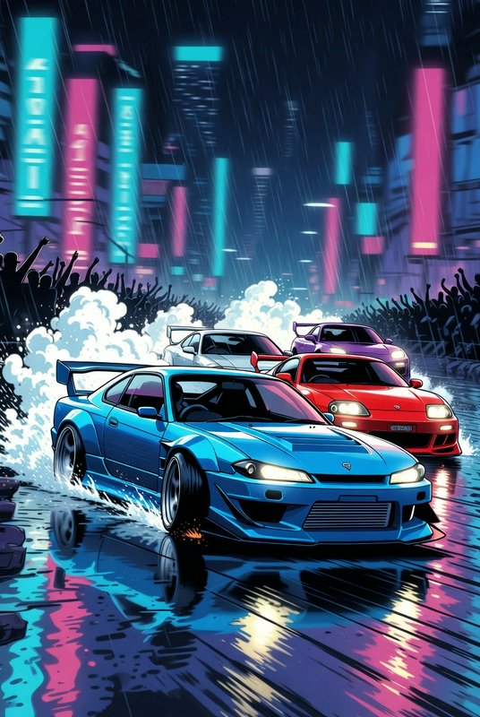 Neon-lit city street at night with a blue sports car drifting amid a cheering crowd.