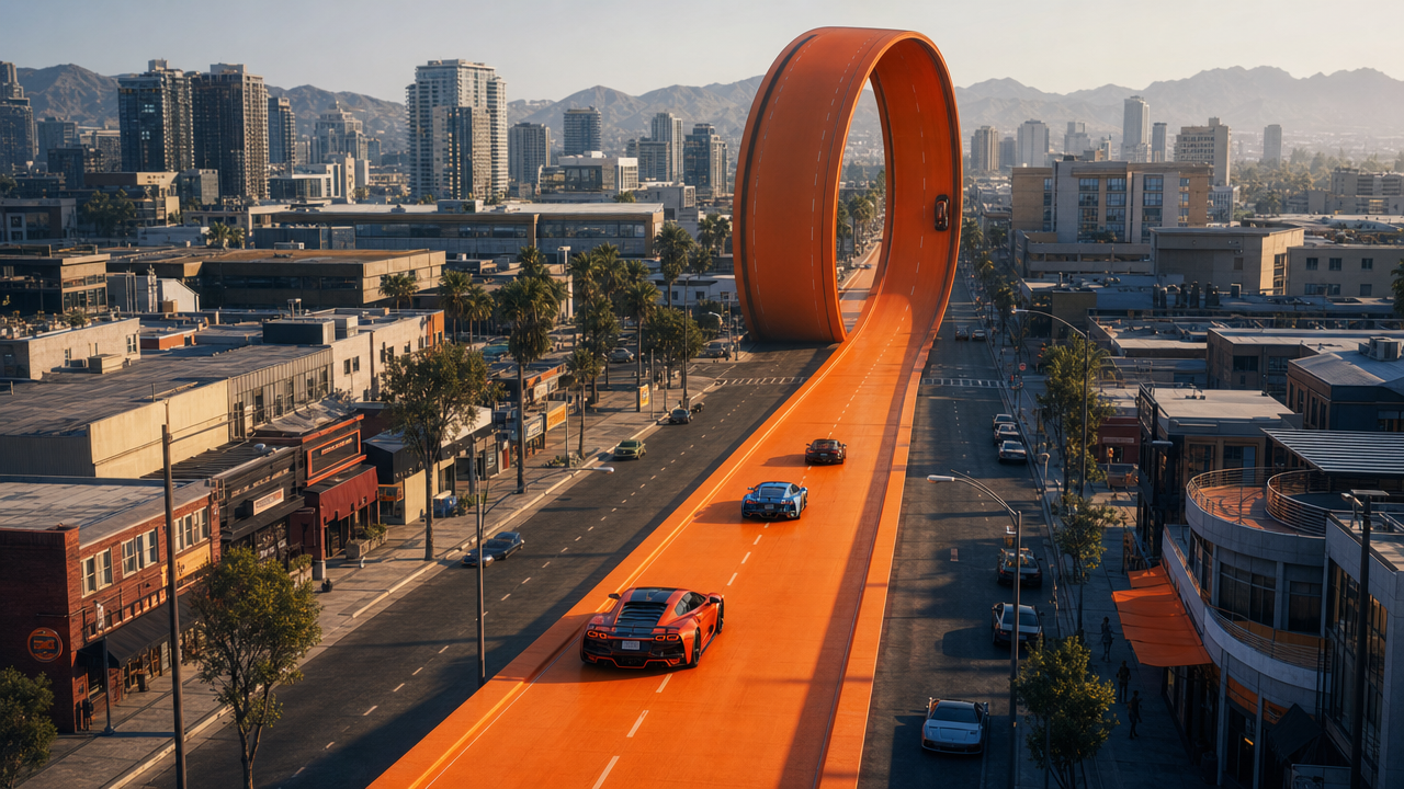 Surreal orange loop sculpture rising over a city street with an orange roadway and moving cars.