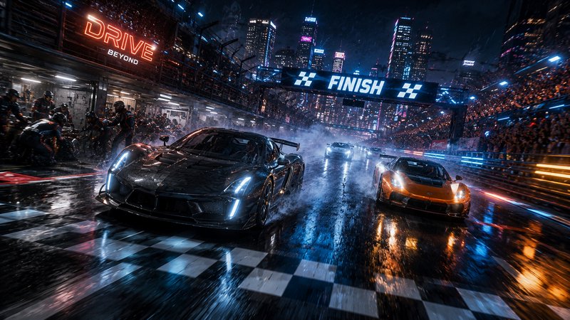 Nighttime neon-rain race scene with sleek sports cars crossing the wet city street finish line.