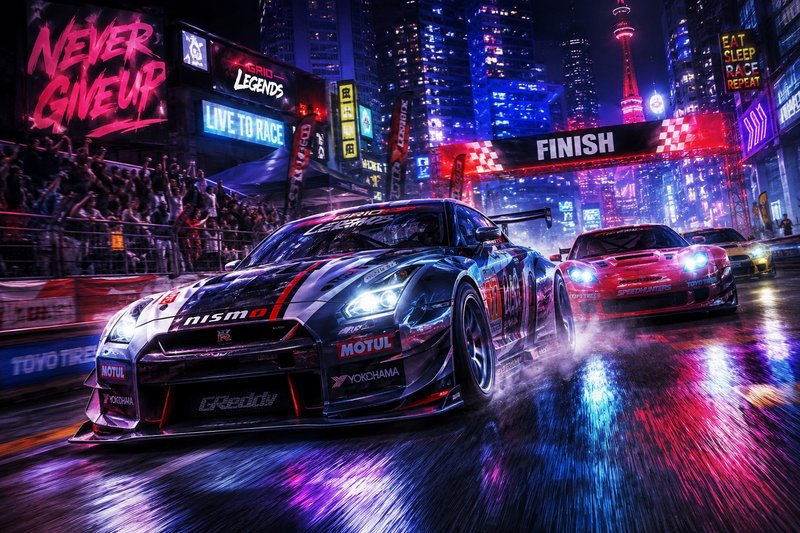 Nighttime neon city street race with a leading GT race car on a rain-slick track toward the finis...