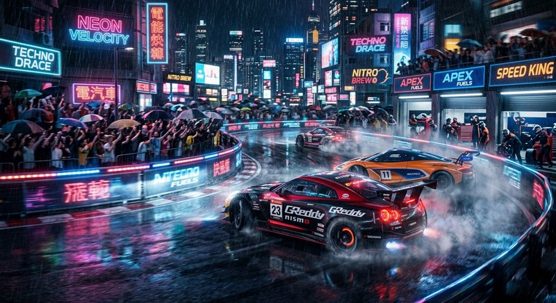 Nighttime neon-lit street race with slick race cars drifting on a wet city track.