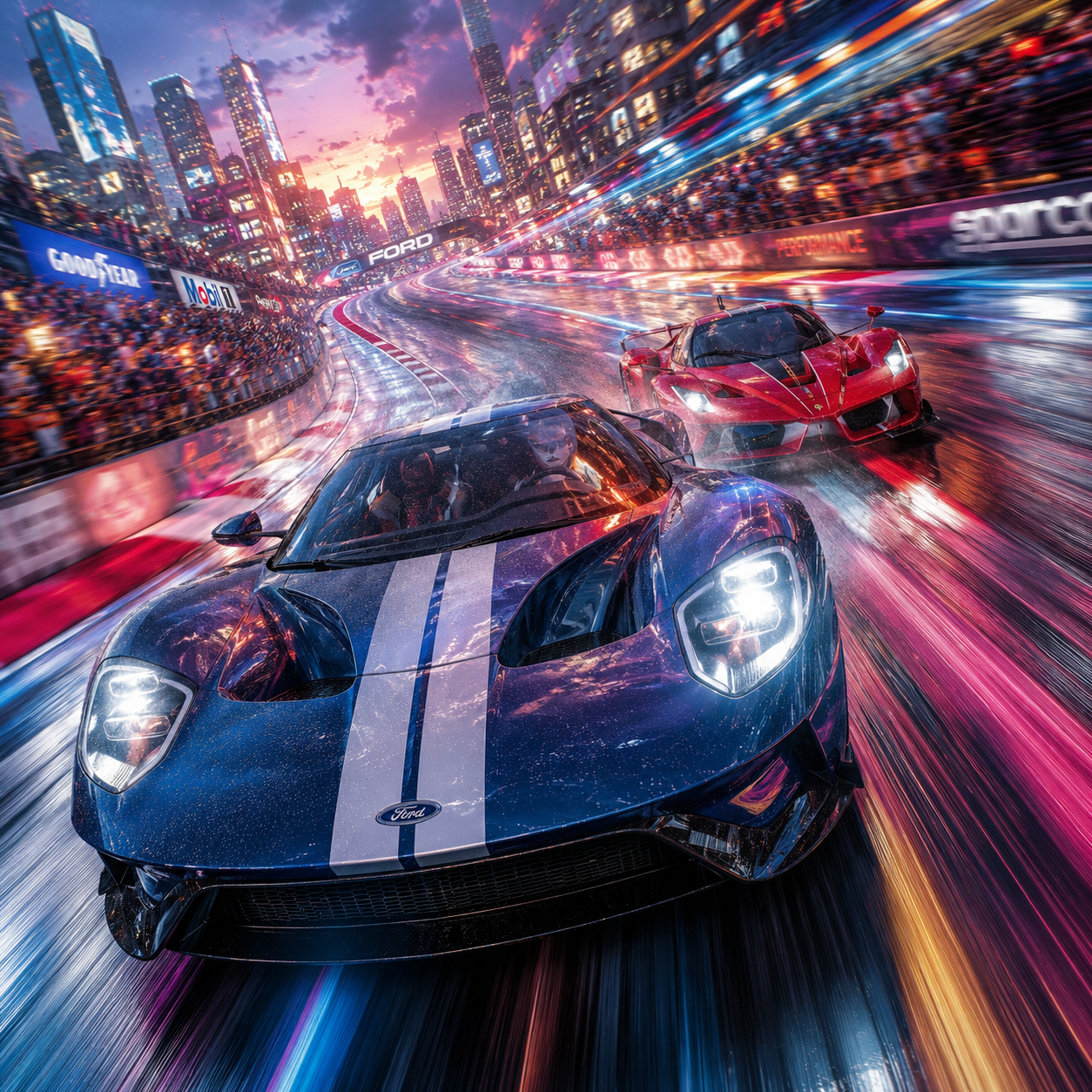 Blue Ford GT with white racing stripe leads neon-lit city race at night