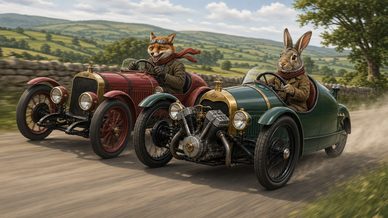 Two anthropomorphic animals driving vintage race cars along a rural countryside road.