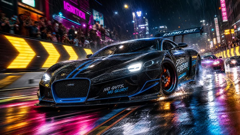 Dark blue luxury supercar with neon blue stripes blasting through a rain-soaked city street at night.