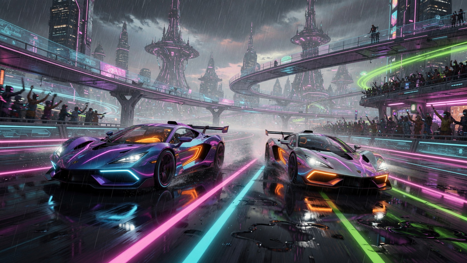 Futuristic neon-lit racing cars on a rain-slick track in a cyberpunk city stadium