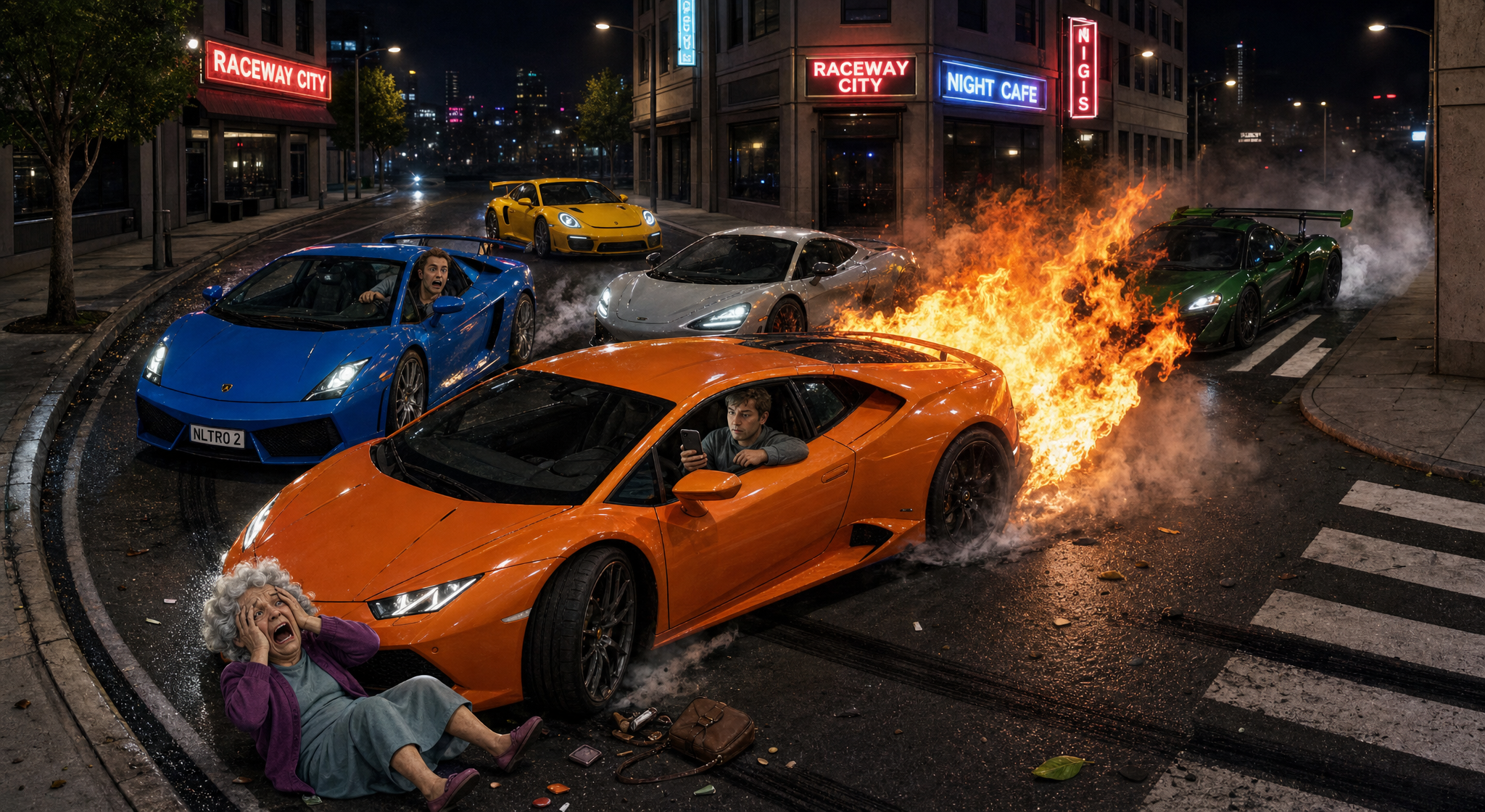 Orange sports car on a neon-lit city street with flames bursting behind it.