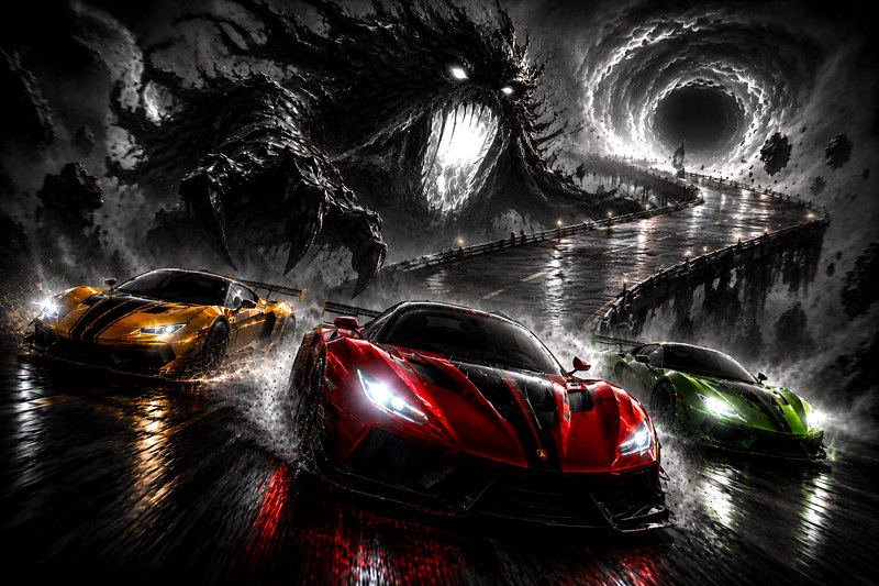 Three bright sports cars race on a slick track toward a dark tunnel with a monstrous figure looming behind.