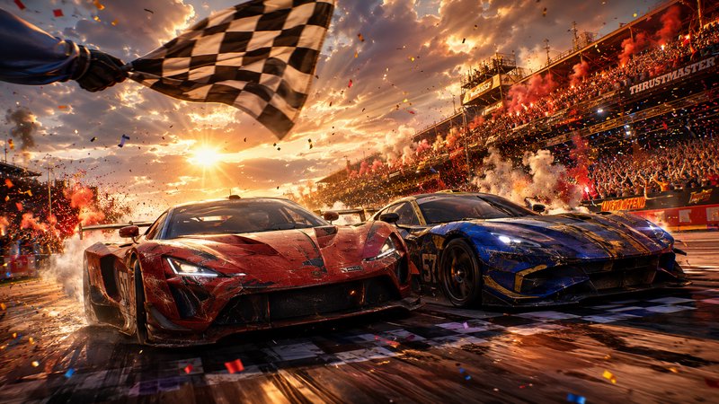 Red and blue high-performance race cars cross the finish line as fireworks light the stadium at s...
