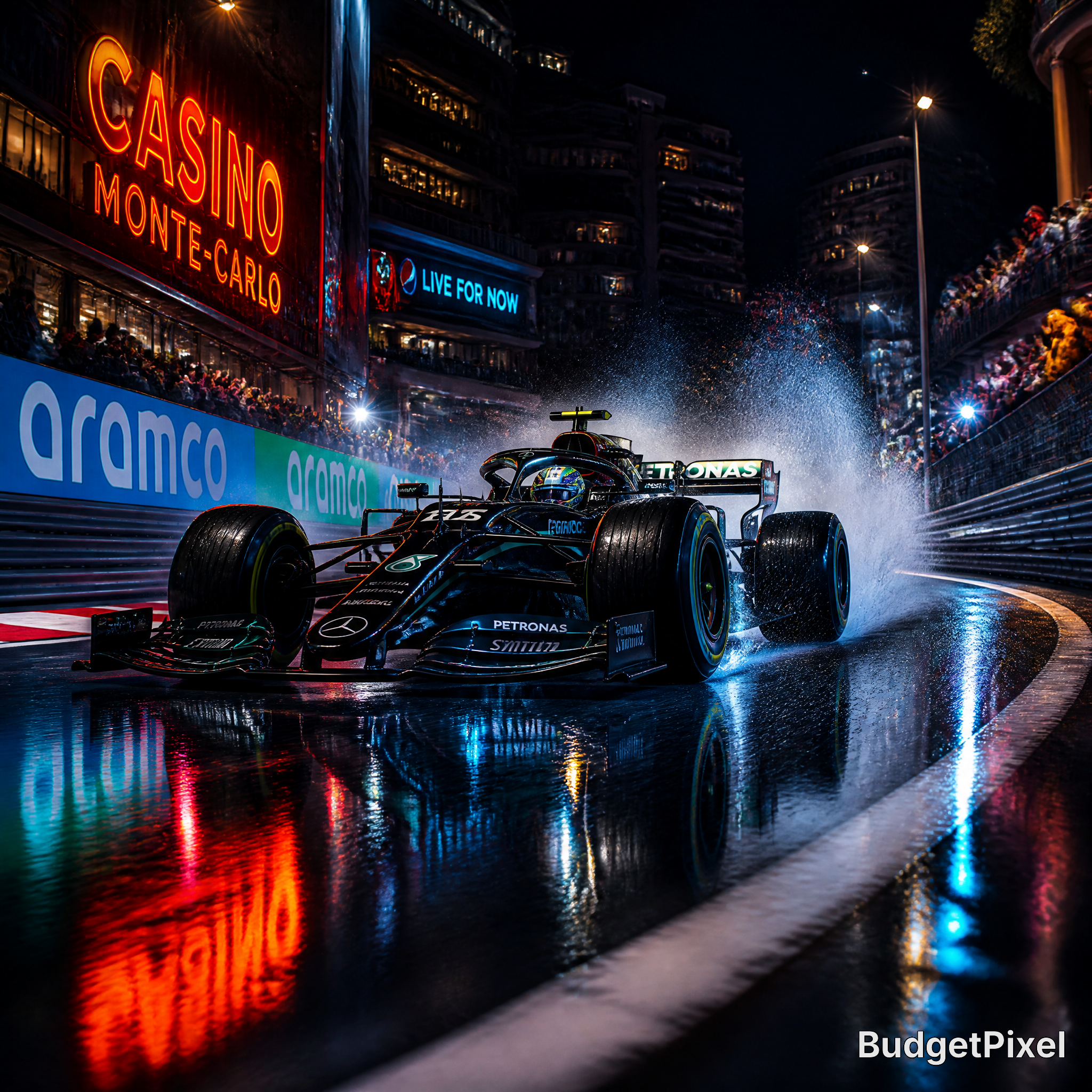 Nighttime F1 car on a rain-wet Monaco street circuit near Casino Monte-Carlo, with neon reflections.