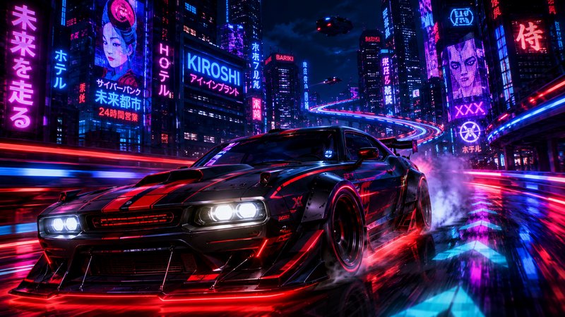 Neon-lit futuristic city street with a black and red sports car speeding.
