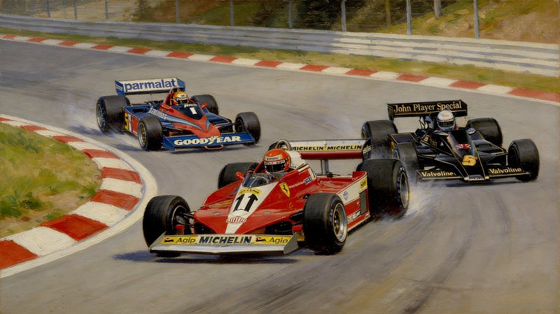 Vintage Formula 1 painting showing three race cars navigating a curving track.
