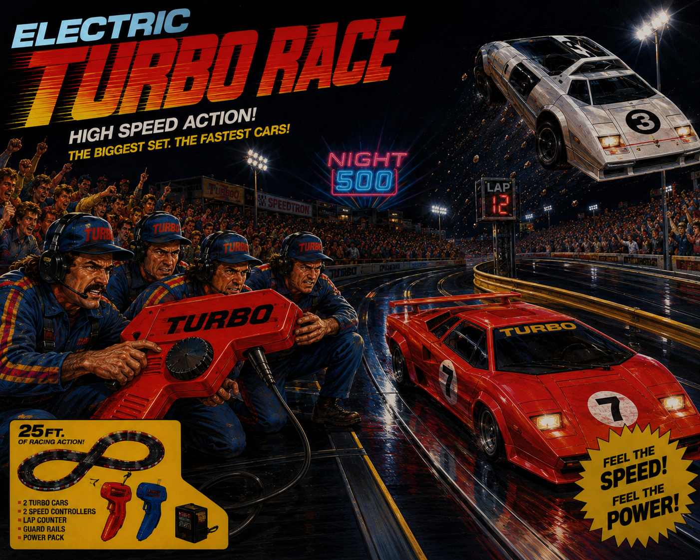 Vibrant arcade racing poster with red turbo cars on a neon-lit track and cheering pit crew.
