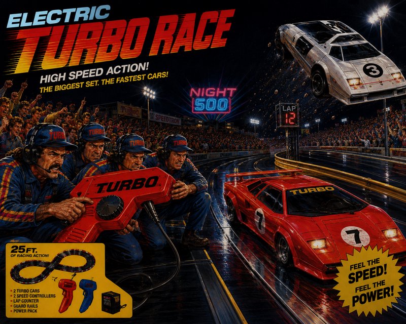 Vibrant arcade racing poster with red turbo cars on a neon-lit track and cheering pit crew.