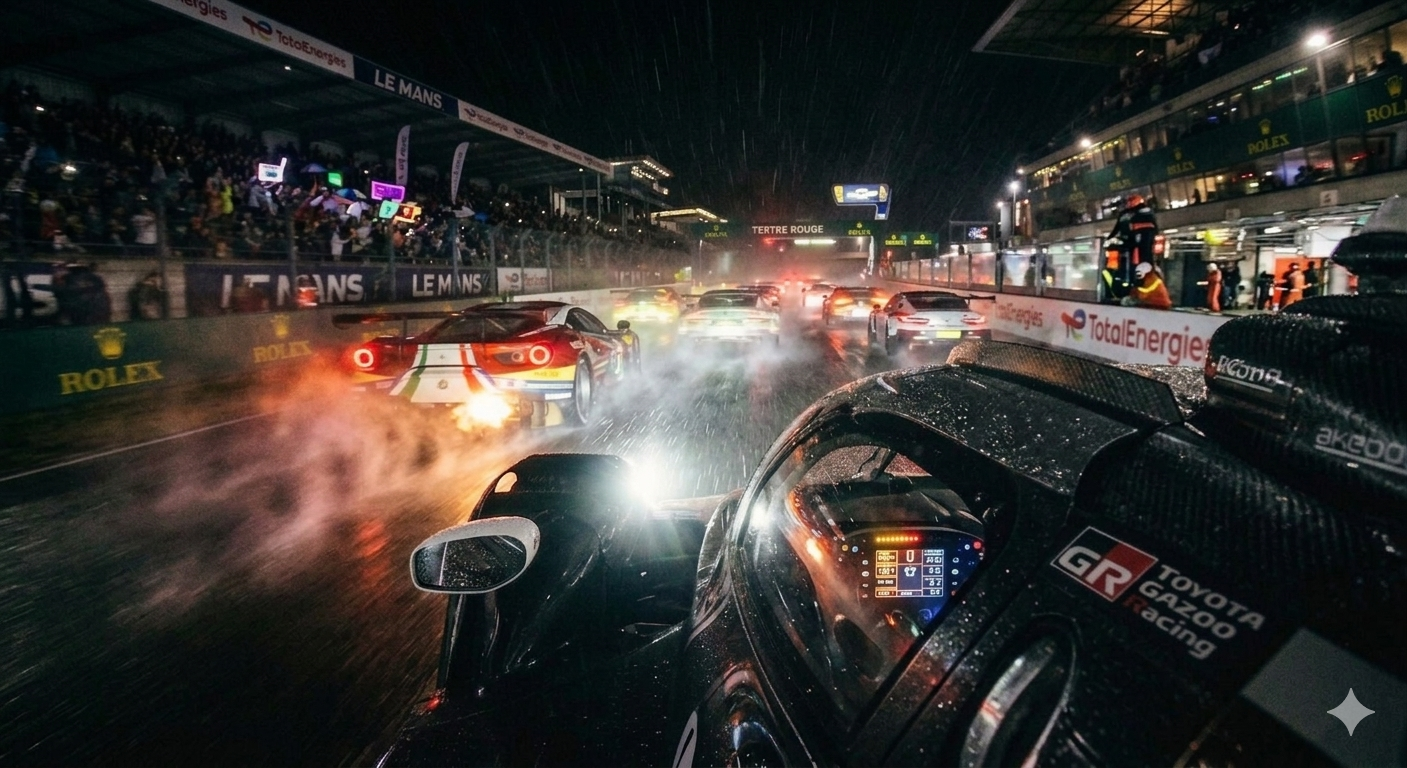 Nighttime Le Mans endurance race with a wet track, racing cars spraying water as they race.