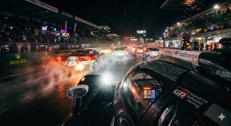 Nighttime Le Mans endurance race with a wet track, racing cars spraying water as they race.