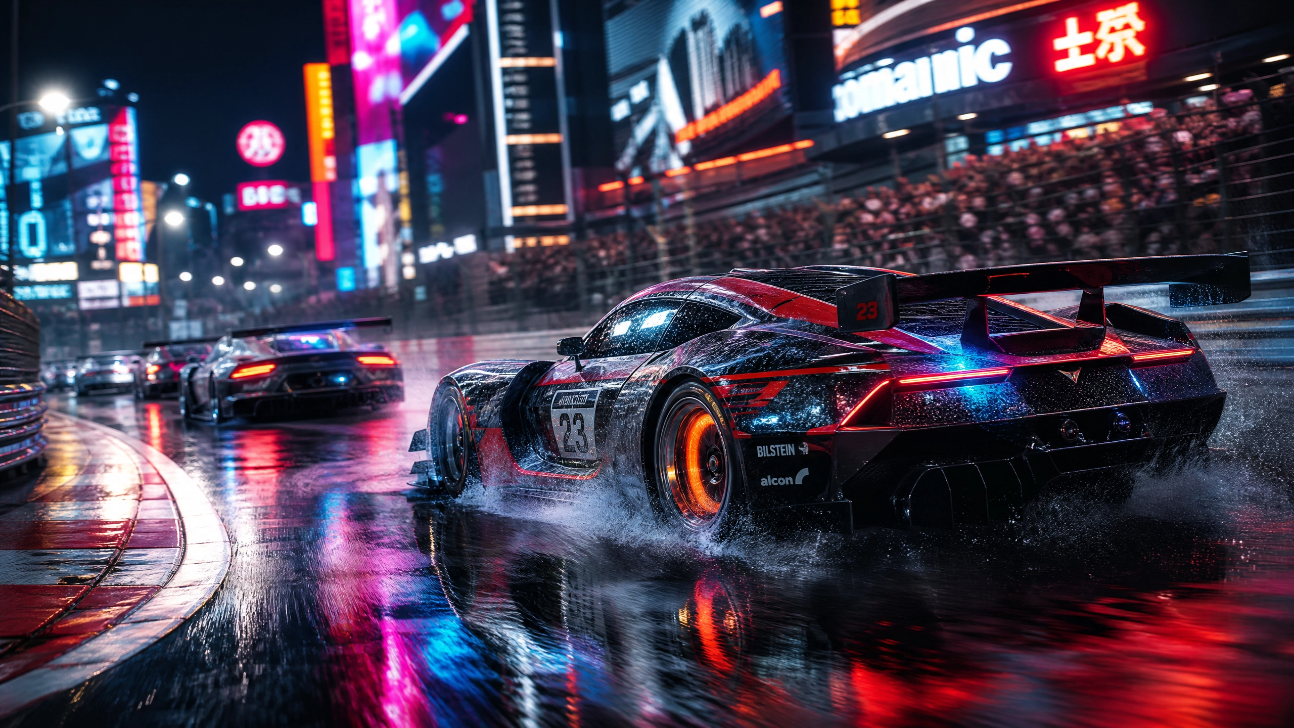 Nighttime street race car on a rain-soaked neon-lit city track, spraying water as it speeds by.