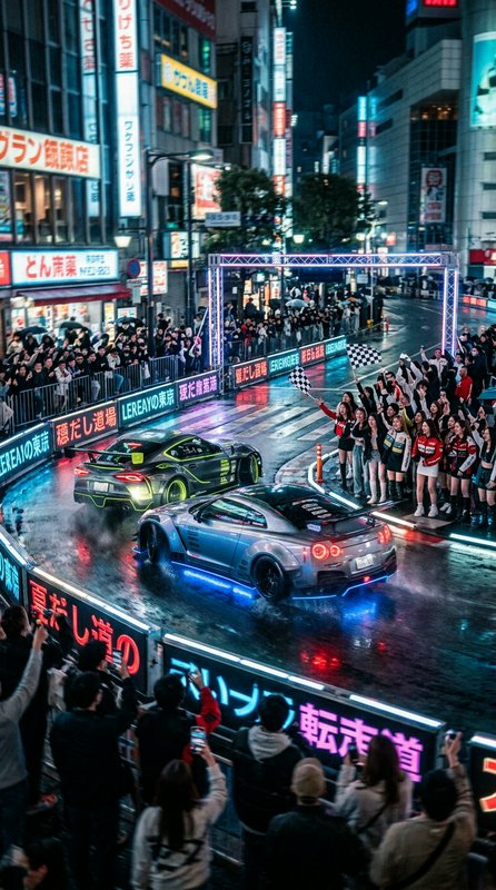 Nighttime city street car race with neon signs, cheering crowd, and flashy sports cars.